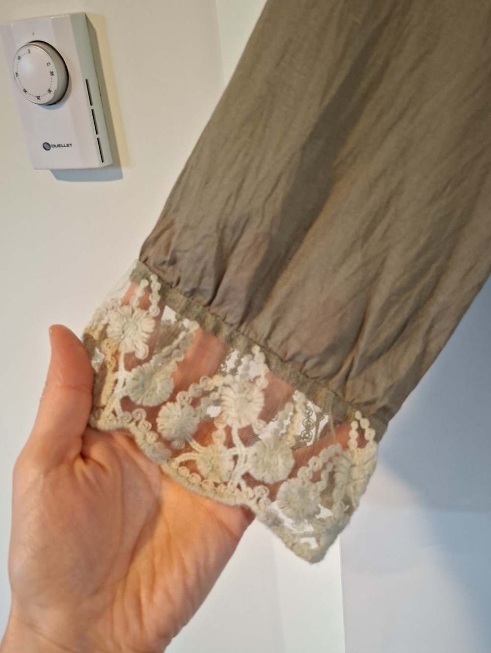 Olive Green Lace, Ruffle-trim, 100% Cotton Sheer Pearl-button Cardi (Size XS/S) - Picture 4 of 7
